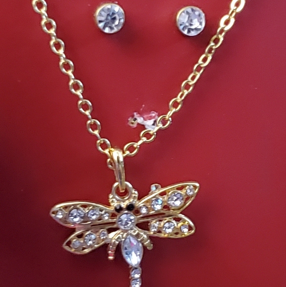 💖 Dragonfly necklace with earrings goldtone with clear gems. - Picture 7 of 13